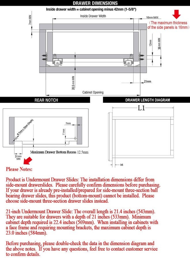 OCG Undermount Drawer Slides 21 inch (1 Pair), Full Extension Soft Close Concealed Drawer Runners, Come with Mounting Screws and Brackets, 1 Pair - Image 4